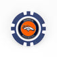 A blue and white poker chip ball marker by Ballmarkers from Logie Joe’s, featuring the Denver Broncos name and logo: a white horse on an orange background with Denver Broncos around it.