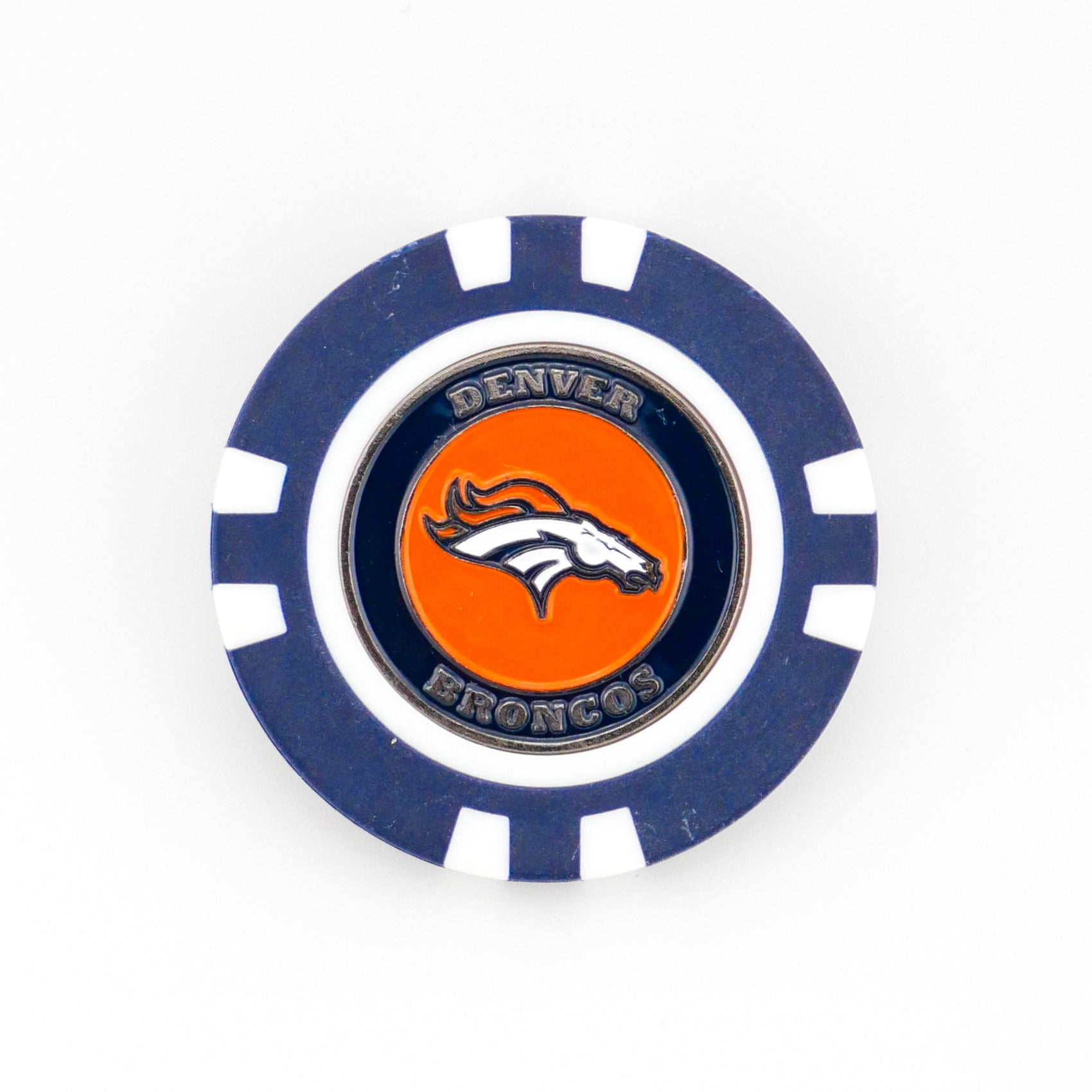 A blue and white poker chip ball marker by Ballmarkers from Logie Joe’s, featuring the Denver Broncos name and logo: a white horse on an orange background with Denver Broncos around it.