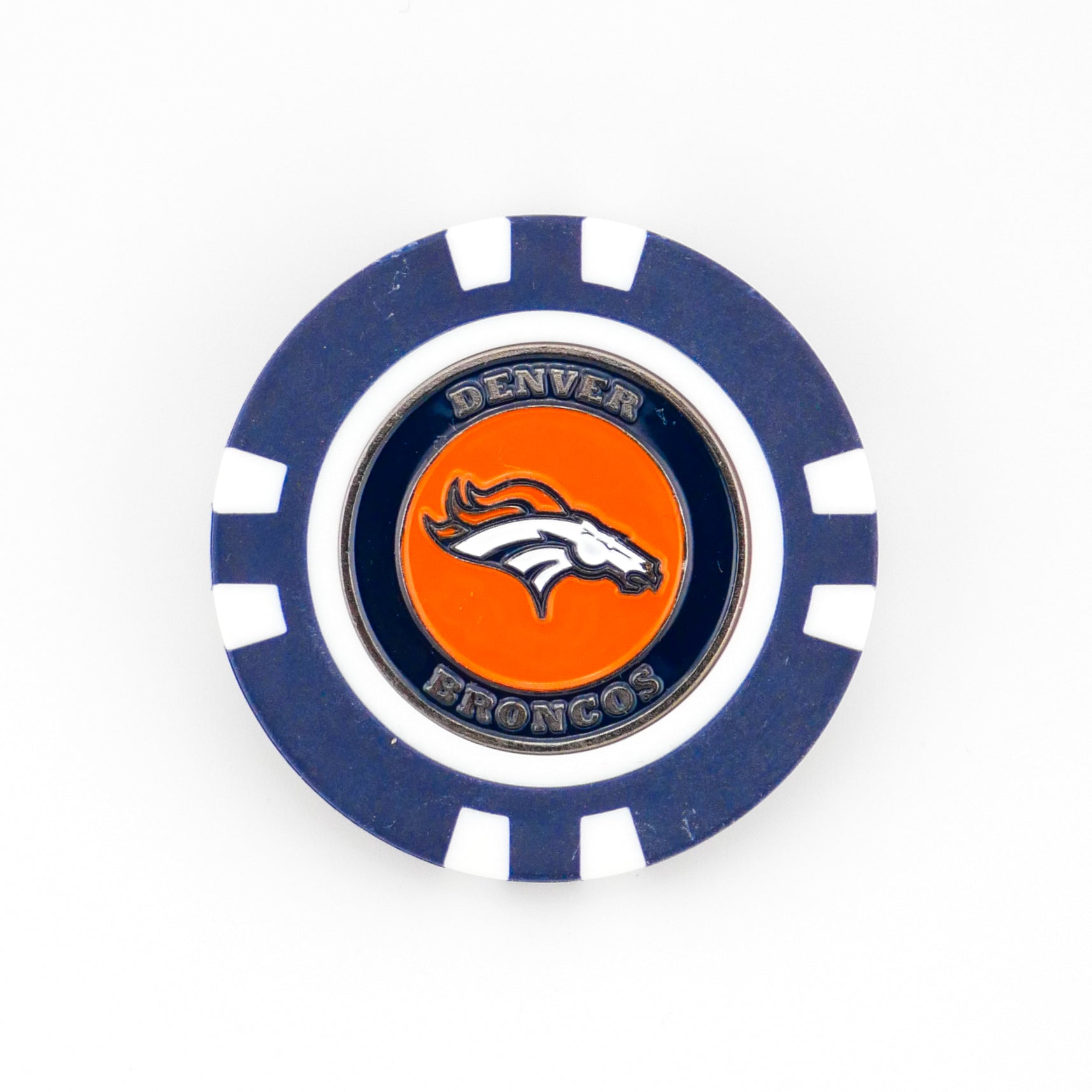 A blue and white poker chip ball marker by Ballmarkers from Logie Joe’s, featuring the Denver Broncos name and logo: a white horse on an orange background with Denver Broncos around it.