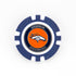 A blue and white poker chip ball marker by Ballmarkers from Logie Joe’s, featuring the Denver Broncos name and logo: a white horse on an orange background with Denver Broncos around it.