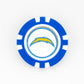 A blue and white Ballmarkers by Logie Joes poker chip ball marker featuring the Los Angeles Chargers logo in the center, shown on a plain white background.