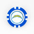 A blue and white Ballmarkers by Logie Joes poker chip ball marker featuring the Los Angeles Chargers logo in the center, shown on a plain white background.