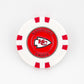 A white and red poker chip golf ball marker by Ballmarkers from Logie Joe’s, featuring the Kansas City Chiefs logo and Kansas City Chiefs text on the inner red circle.