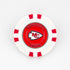 A white and red poker chip golf ball marker by Ballmarkers from Logie Joe’s, featuring the Kansas City Chiefs logo and Kansas City Chiefs text on the inner red circle.