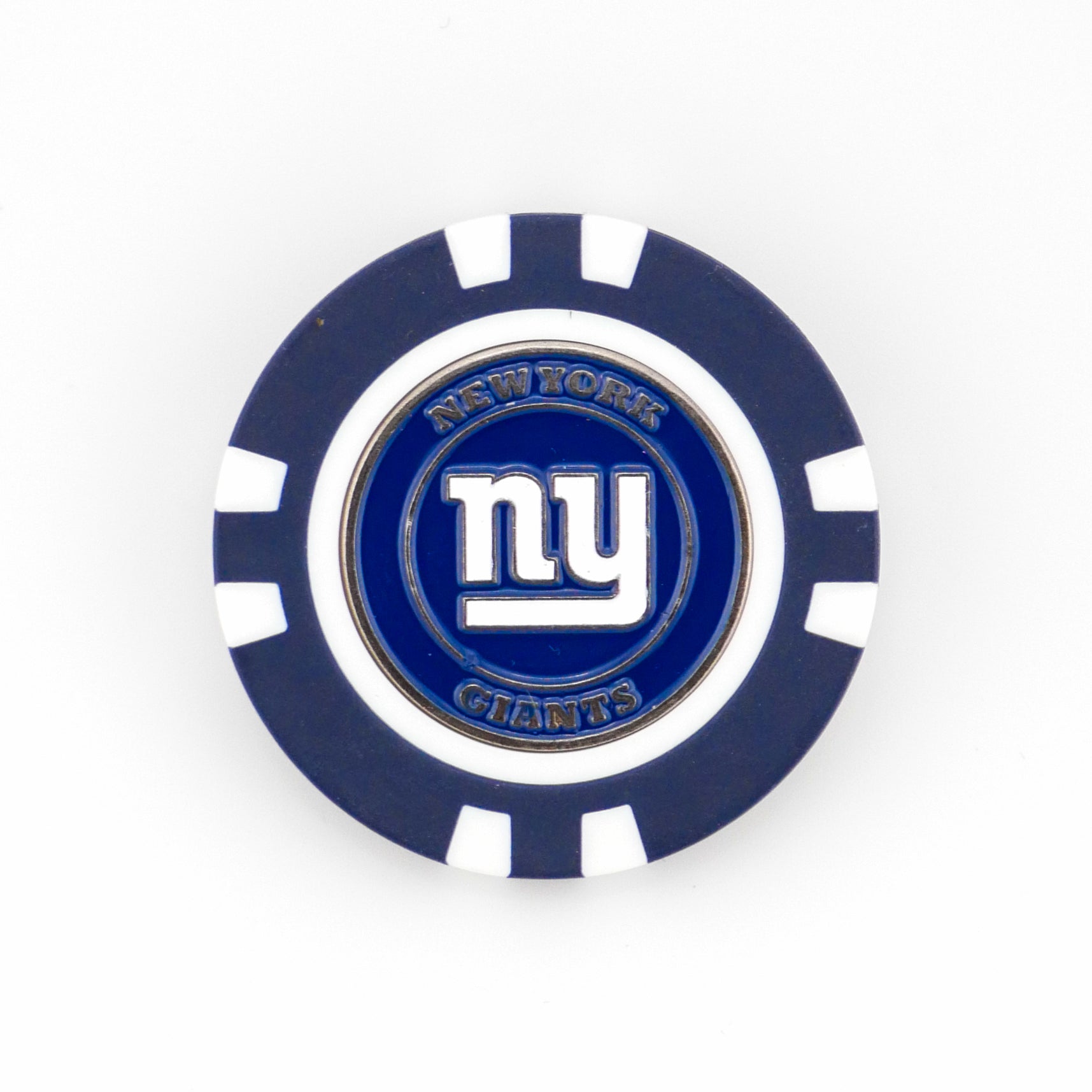 Show your team pride with this blue and white New York Giants poker chip ball marker from Ballmarkers by Logie Joes, featuring the logo and team name—a perfect addition to any NFL collection.