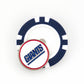 A Ballmarkers by Logie Joes New York Giants blue and white poker chip ball marker with a round Giants logo and blue text outlined in red is shown partly on top of the chip against a white background.