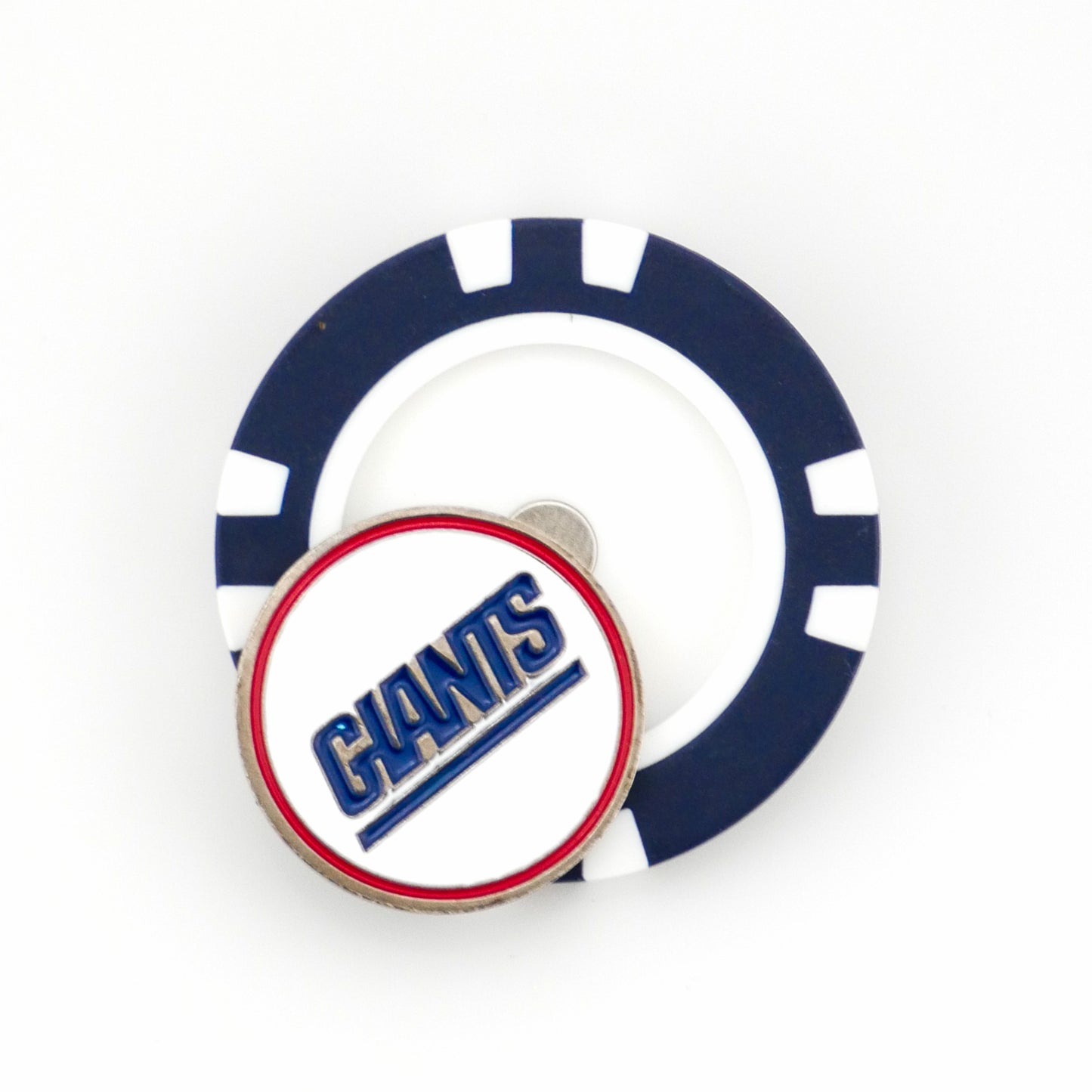 A Ballmarkers by Logie Joes New York Giants blue and white poker chip ball marker with a round Giants logo and blue text outlined in red is shown partly on top of the chip against a white background.