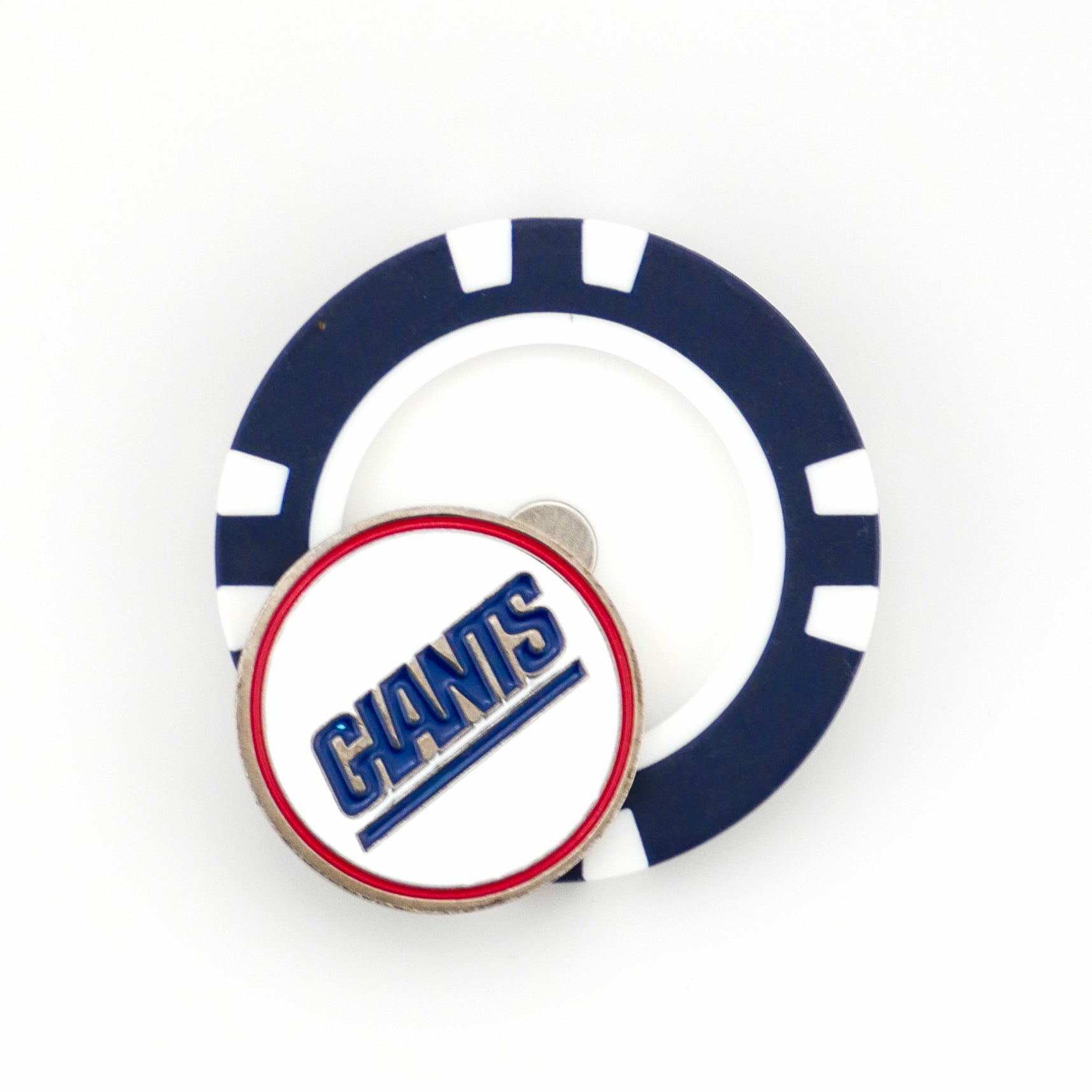 A Ballmarkers by Logie Joes New York Giants blue and white poker chip ball marker with a round Giants logo and blue text outlined in red is shown partly on top of the chip against a white background.