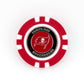 The Ballmarkers by Logie Joes Tampa Bay Buccaneers marker is a red and white poker chip-style marker with the team logo and name in silver on black—ideal as an NFL golf ball marker.