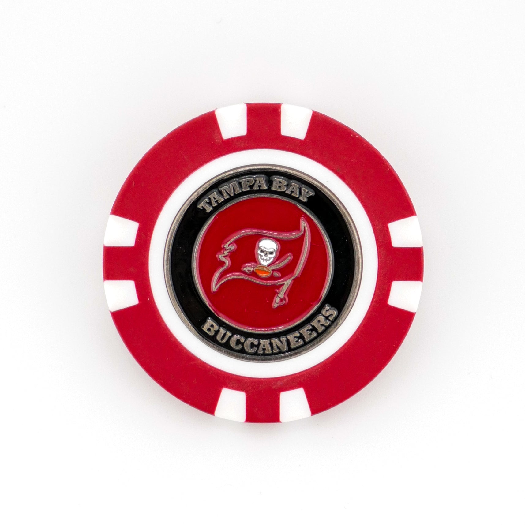 The Ballmarkers by Logie Joes Tampa Bay Buccaneers marker is a red and white poker chip-style marker with the team logo and name in silver on black—ideal as an NFL golf ball marker.