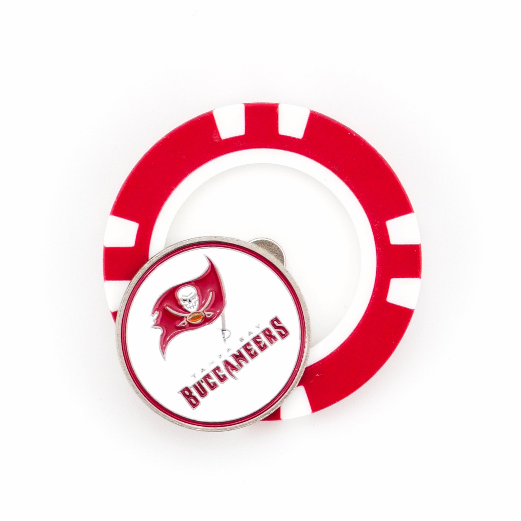 A poker chip-style marker by Ballmarkers from Logie Joe’s features a circular pin with the Tampa Bay Buccaneers logo and name—ideal as an NFL ball marker for golf fans.