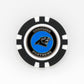 Show your team pride on the golf course with the Carolina Panthers ball marker by Ballmarkers from Logie Joes, featuring a black and white poker chip design and Panthers logo with Carolina Panthers on a blue center background.