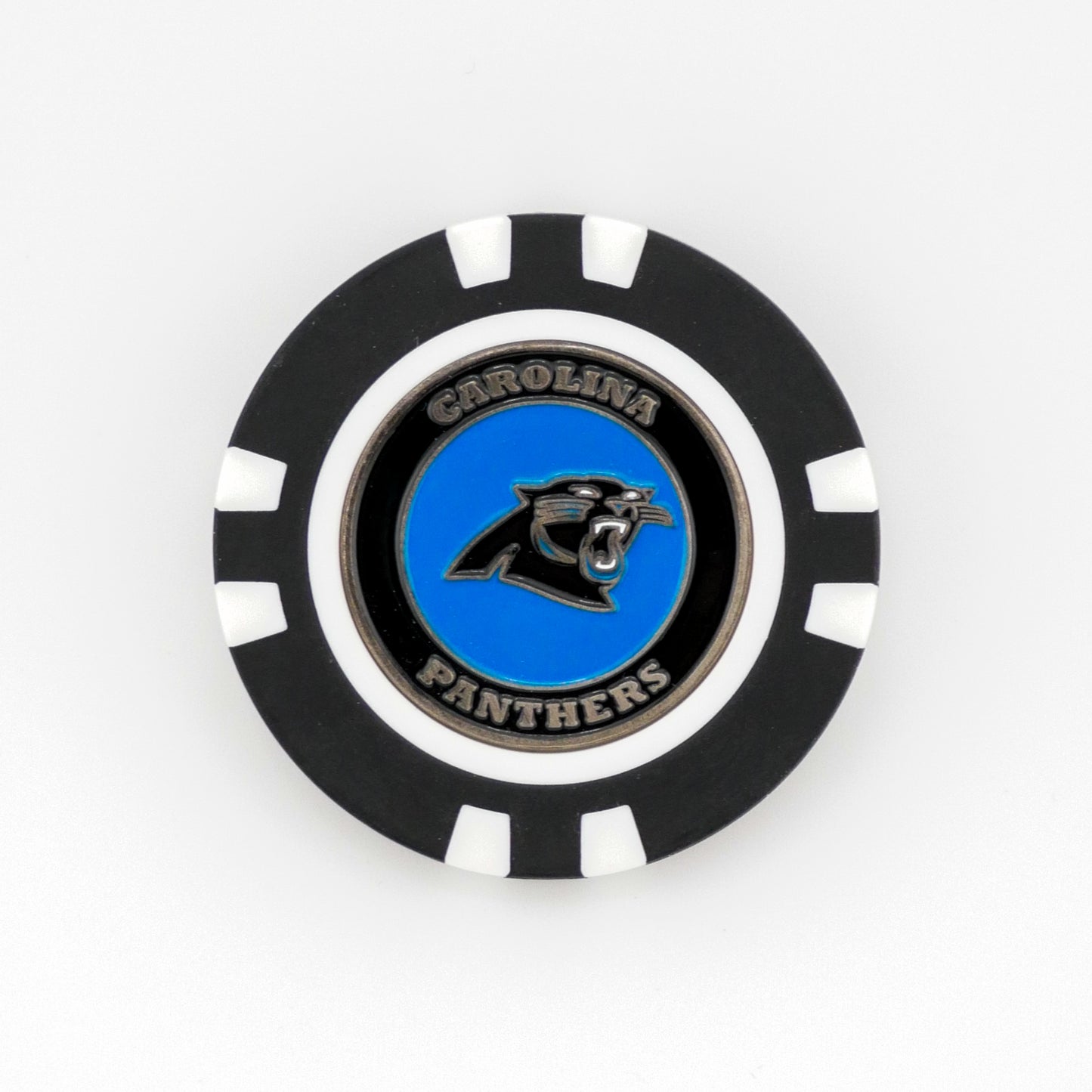 Show your team pride on the golf course with the Carolina Panthers ball marker by Ballmarkers from Logie Joes, featuring a black and white poker chip design and Panthers logo with Carolina Panthers on a blue center background.