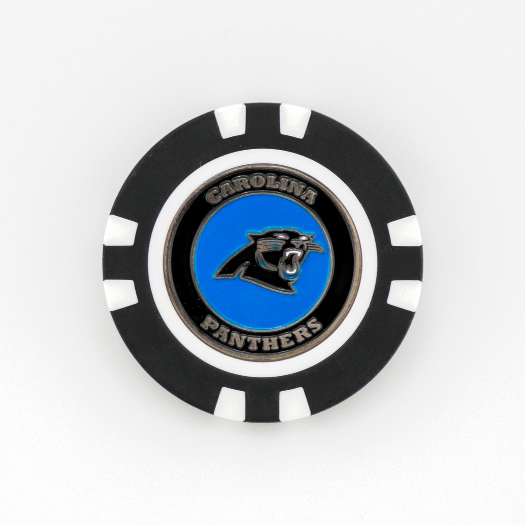 Show your team pride on the golf course with the Carolina Panthers ball marker by Ballmarkers from Logie Joes, featuring a black and white poker chip design and Panthers logo with Carolina Panthers on a blue center background.