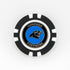 Show your team pride on the golf course with the Carolina Panthers ball marker by Ballmarkers from Logie Joes, featuring a black and white poker chip design and Panthers logo with Carolina Panthers on a blue center background.