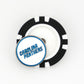 A black and white ball marker by Ballmarkers from Logie Joes, featuring a round pin with CAROLINA PANTHERS in blue, all-caps text on top—a perfect NFL golf accessory for Carolina Panthers fans.