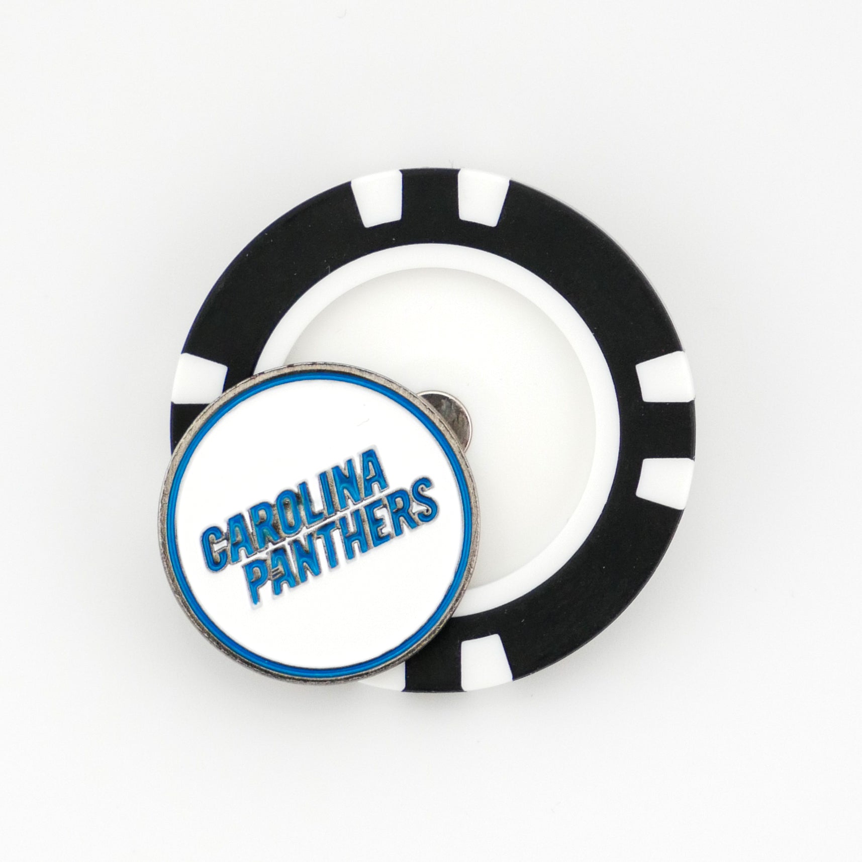 A black and white ball marker by Ballmarkers from Logie Joes, featuring a round pin with CAROLINA PANTHERS in blue, all-caps text on top—a perfect NFL golf accessory for Carolina Panthers fans.