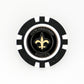The New Orleans Saints ball marker by Logie Joes showcases a black and white poker chip design with the teams gold fleur-de-lis logo in the center—ideal for golf enthusiasts and NFL fans.
