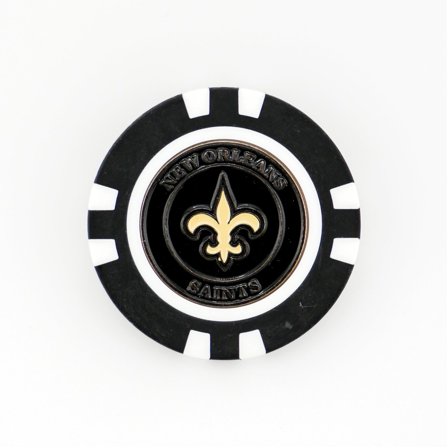 The New Orleans Saints ball marker by Logie Joes showcases a black and white poker chip design with the teams gold fleur-de-lis logo in the center—ideal for golf enthusiasts and NFL fans.
