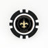 The New Orleans Saints ball marker by Logie Joes showcases a black and white poker chip design with the teams gold fleur-de-lis logo in the center—ideal for golf enthusiasts and NFL fans.