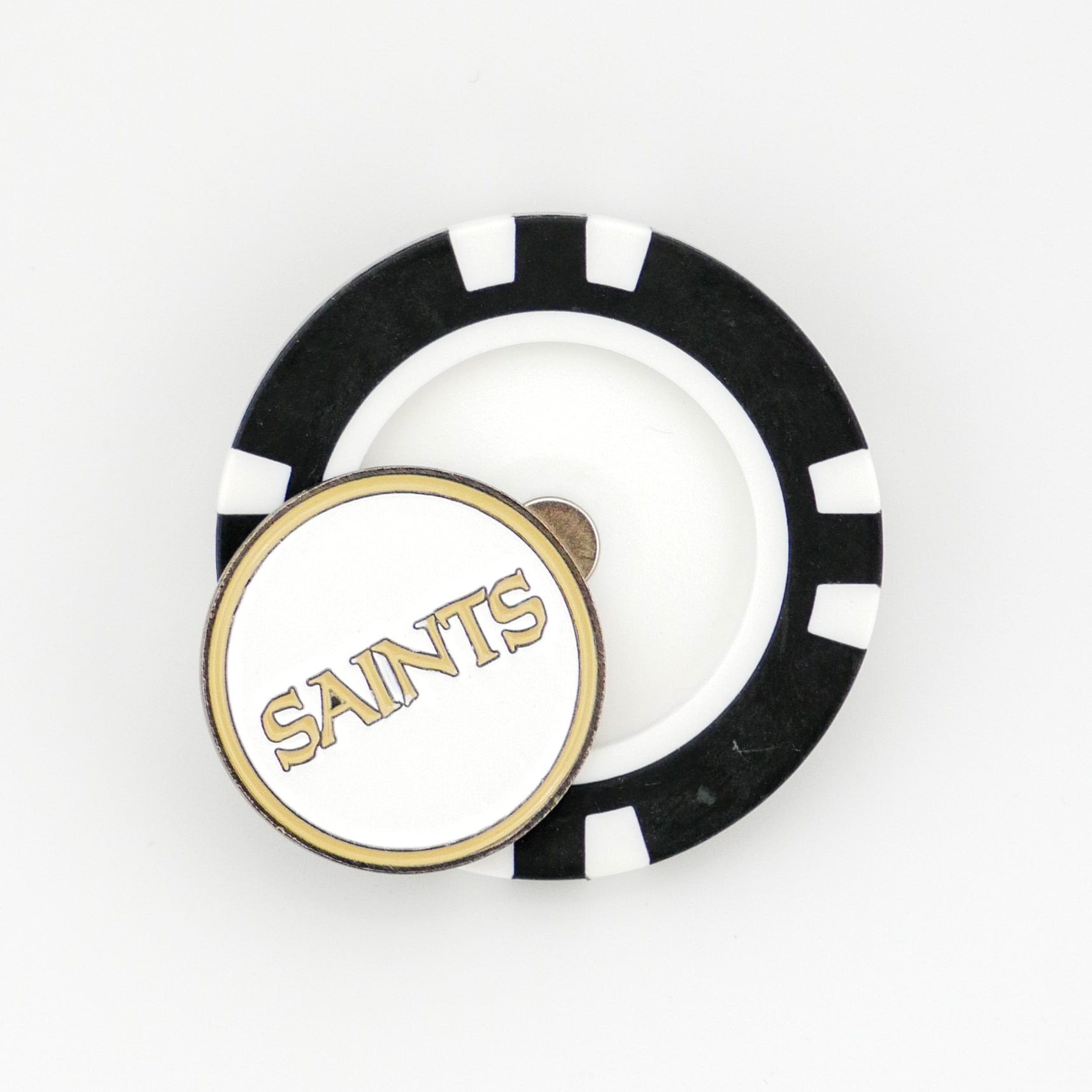 The Ballmarkers by Logie Joes New Orleans Saints marker features a black and white poker chip design topped with a white and gold token displaying SAINTS in gold letters.