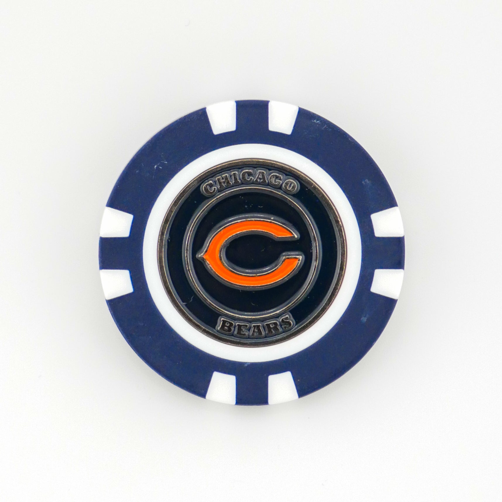 Show your team spirit with the Chicago Bears poker chip ball marker by Ballmarkers from Logie Joes, featuring a blue and white design with the iconic orange C and Chicago Bears text—ideal for NFL collectors and golf fans.