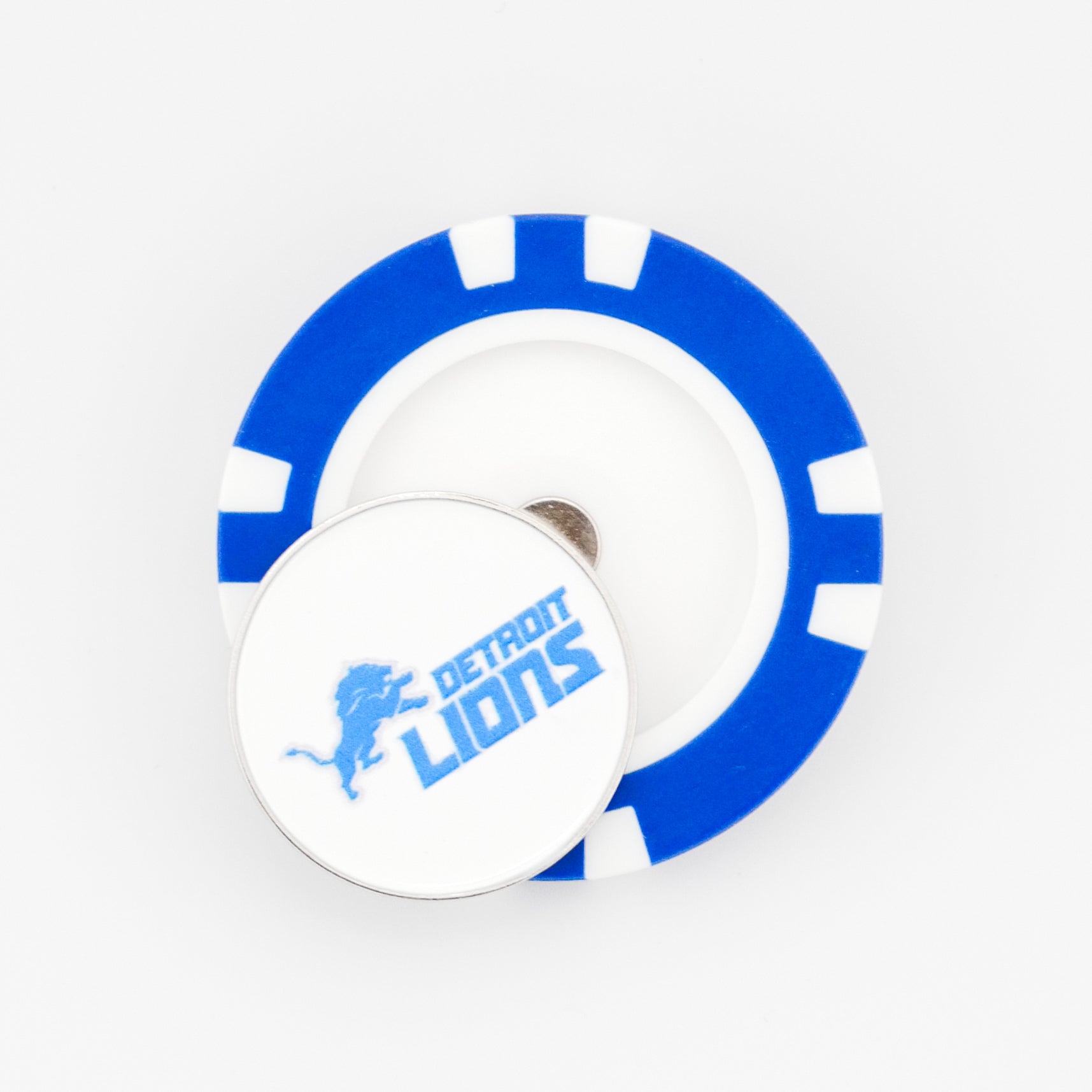 Show your team spirit on the course with the Detroit Lions ball marker from Ballmarkers by Logie Joes—a blue and white poker chip-style accessory featuring the teams logo, perfect for Lions fans and official NFL golf collections.
