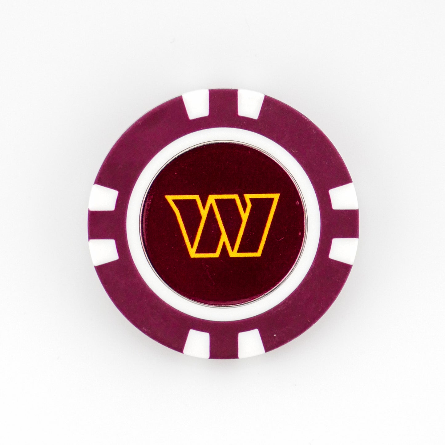 Show your Washington Commanders pride with this maroon poker chip-style golf ball marker from Ballmarkers by Logie Joes, featuring white accents and a yellow W logo on a dark red background.