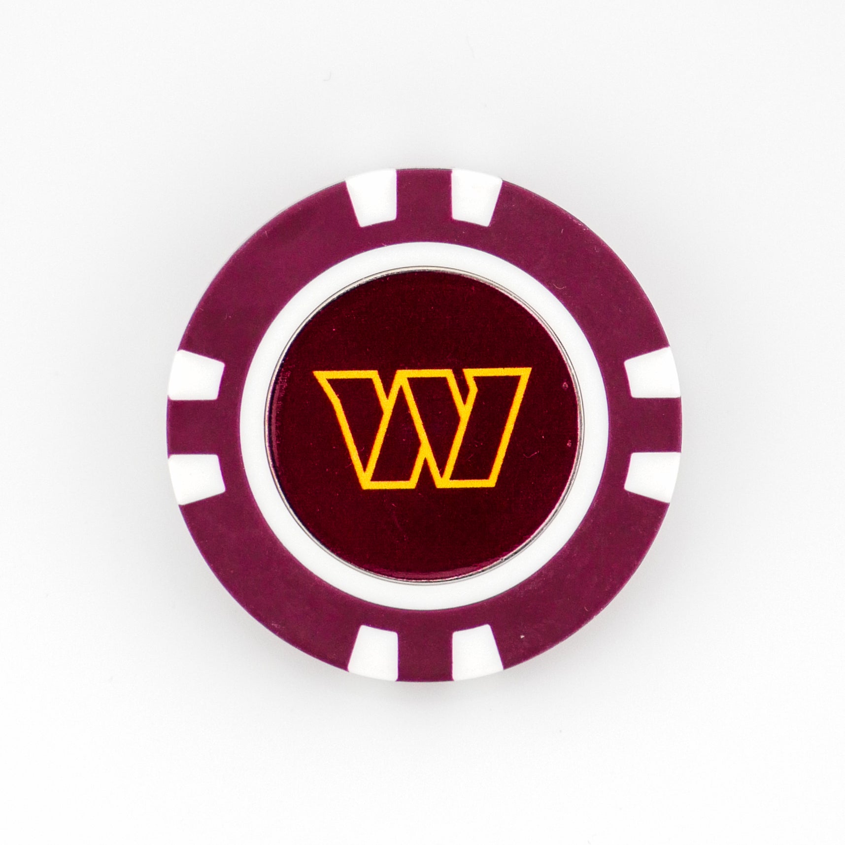 Show your Washington Commanders pride with this maroon poker chip-style golf ball marker from Ballmarkers by Logie Joes, featuring white accents and a yellow W logo on a dark red background.