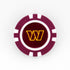 Show your Washington Commanders pride with this maroon poker chip-style golf ball marker from Ballmarkers by Logie Joes, featuring white accents and a yellow W logo on a dark red background.