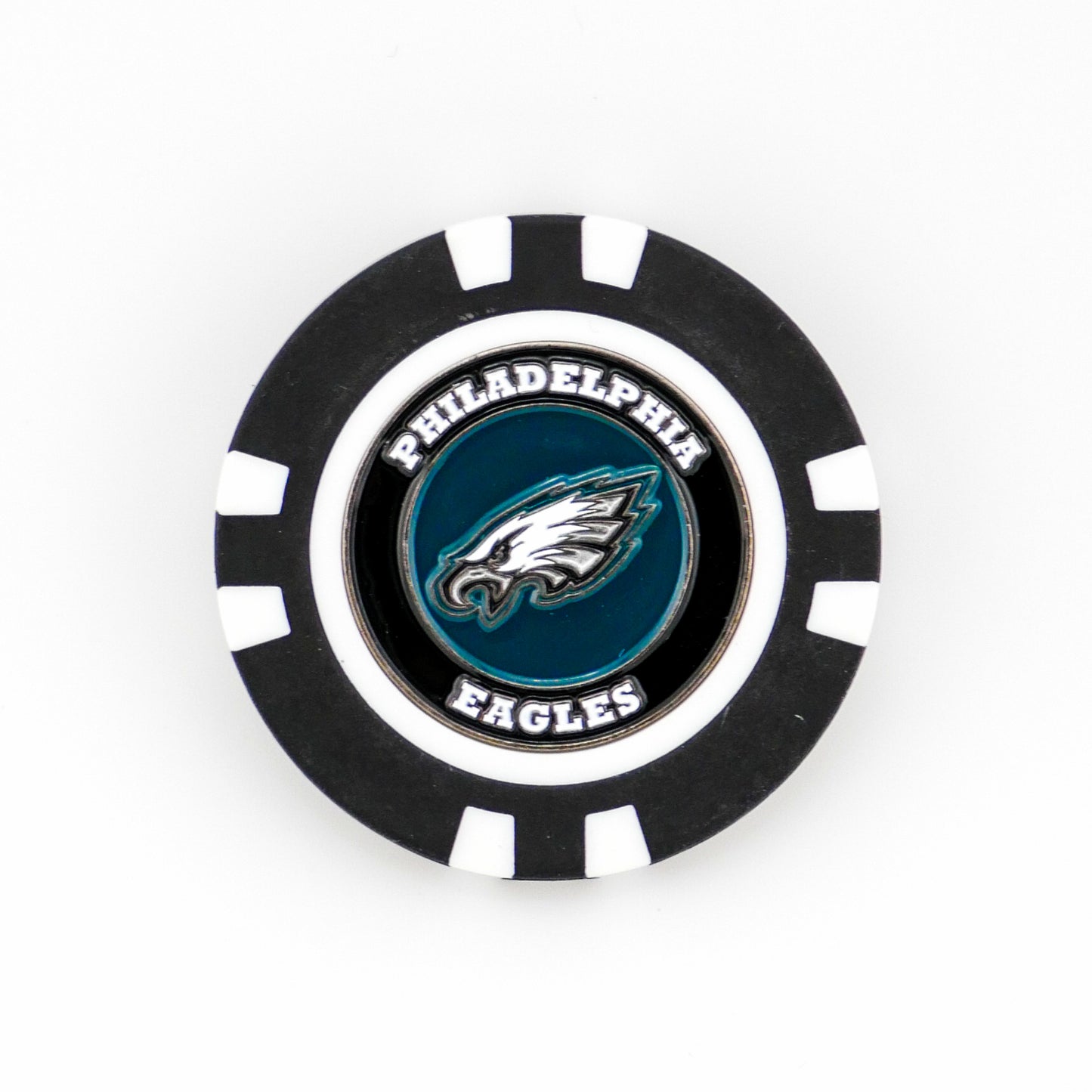 A black and white poker chip ball marker from Ballmarkers by Logie Joes featuring the Philadelphia Eagles logo and text on a white background.