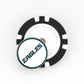 A Philadelphia Eagles poker chip ball marker by Ballmarkers from Logie Joe’s rests on a white surface, topped with a round marker featuring EAGLES in bold, stylized letters.