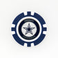 A blue and white Dallas Cowboys poker chip ball marker by Ballmarkers by Logie Joes, featuring a star logo in the center and Dallas Cowboys around the edge—ideal for NFL collections.