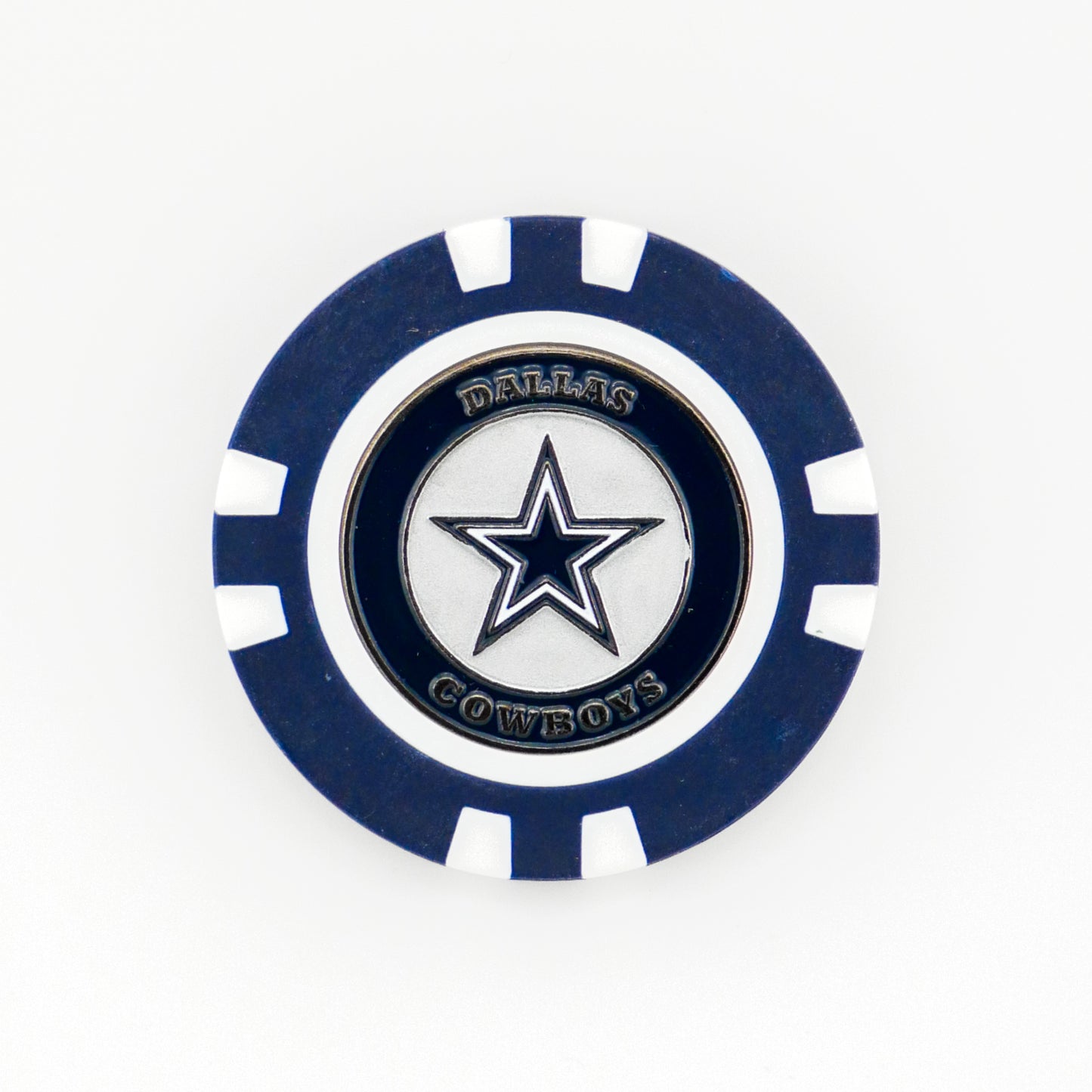 A blue and white Dallas Cowboys poker chip ball marker by Ballmarkers by Logie Joes, featuring a star logo in the center and Dallas Cowboys around the edge—ideal for NFL collections.