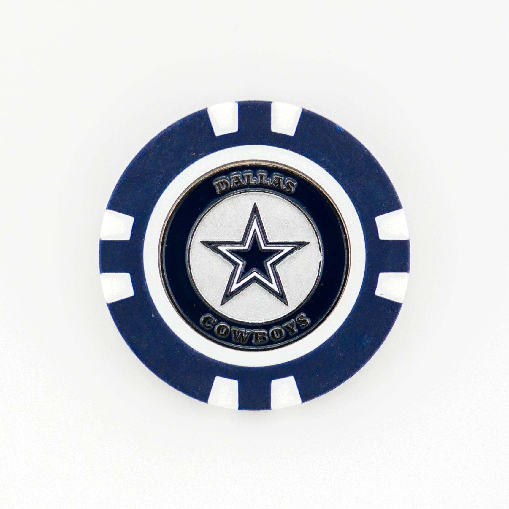 A blue and white Dallas Cowboys poker chip ball marker by Ballmarkers by Logie Joes, featuring a star logo in the center and Dallas Cowboys around the edge—ideal for NFL collections.