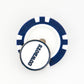 A blue and white Dallas Cowboys poker chip ball marker from Ballmarkers by Logie Joes features a round, white token on top with COWBOYS in bold blue block letters.