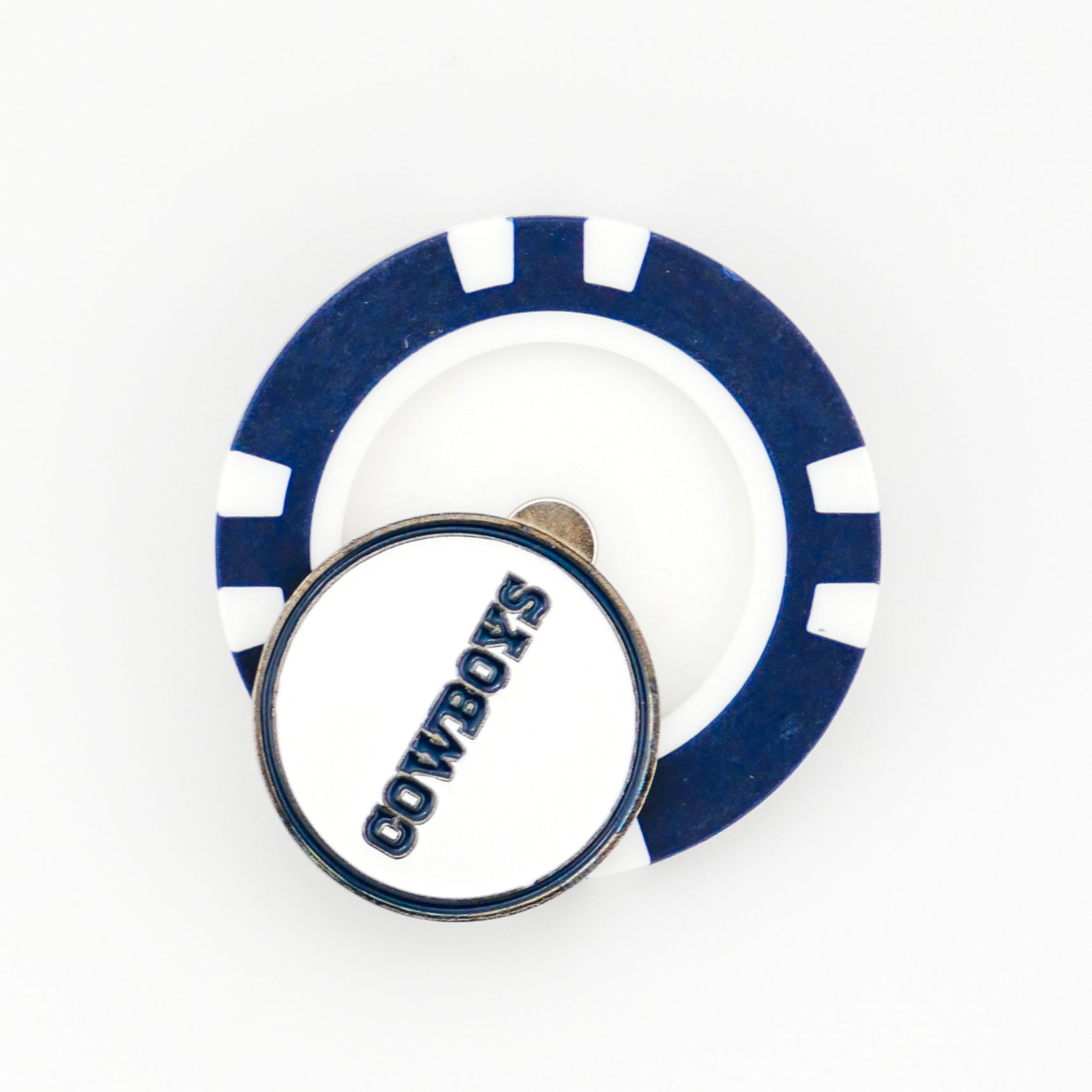 A blue and white Dallas Cowboys poker chip ball marker from Ballmarkers by Logie Joes features a round, white token on top with COWBOYS in bold blue block letters.