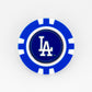 A Ballmarkers by Logie Joes poker chip-style marker for the Los Angeles Dodgers featuring their white LA logo in the center on a blue and white design.