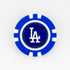 A Ballmarkers by Logie Joes poker chip-style marker for the Los Angeles Dodgers featuring their white LA logo in the center on a blue and white design.