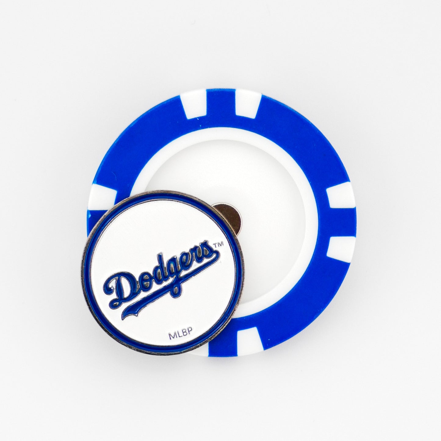 A blue and white poker chip-style ball marker by Logie Joes features the Los Angeles Dodgers logo and MLBP text, shown on a white background.