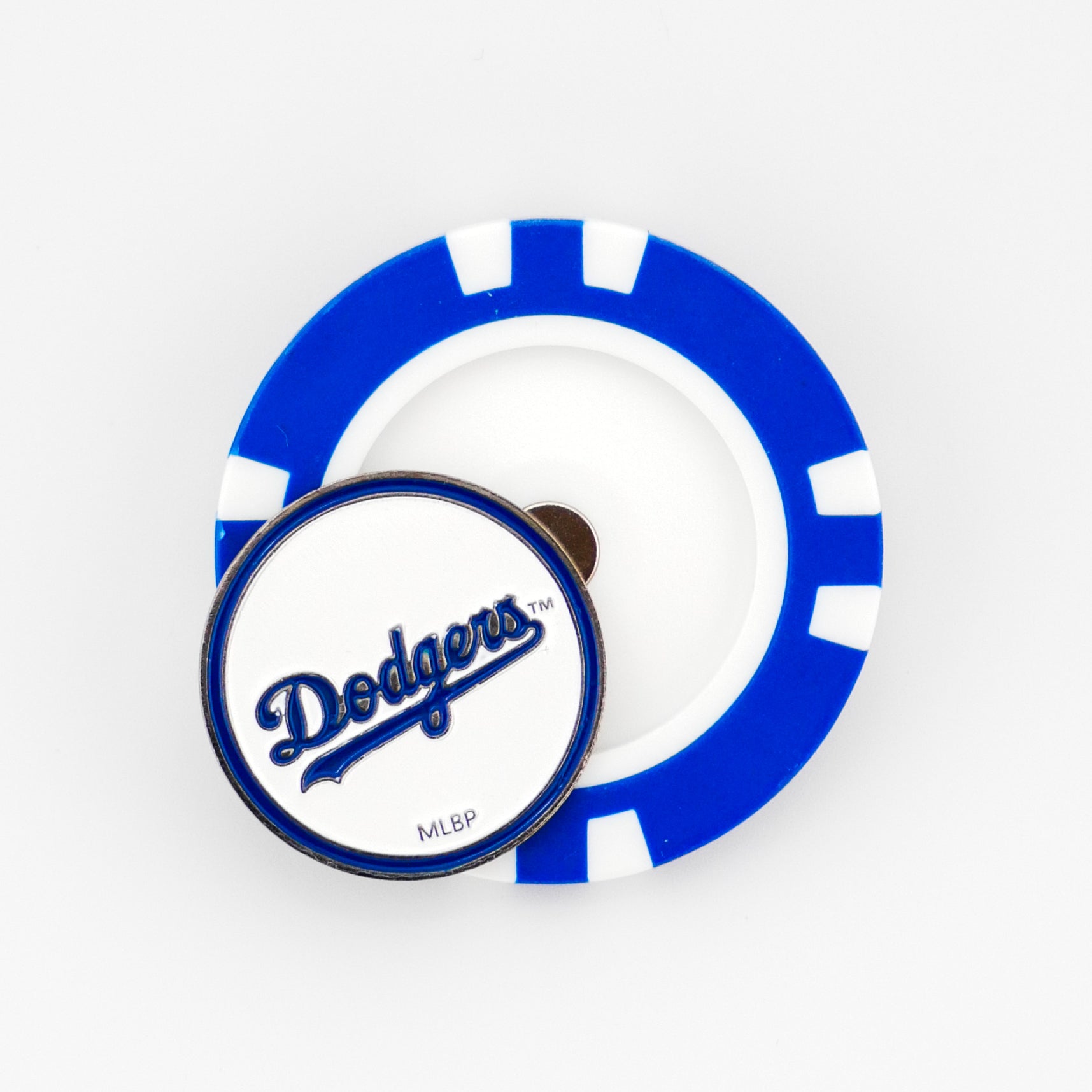 A blue and white poker chip-style ball marker by Logie Joes features the Los Angeles Dodgers logo and MLBP text, shown on a white background.