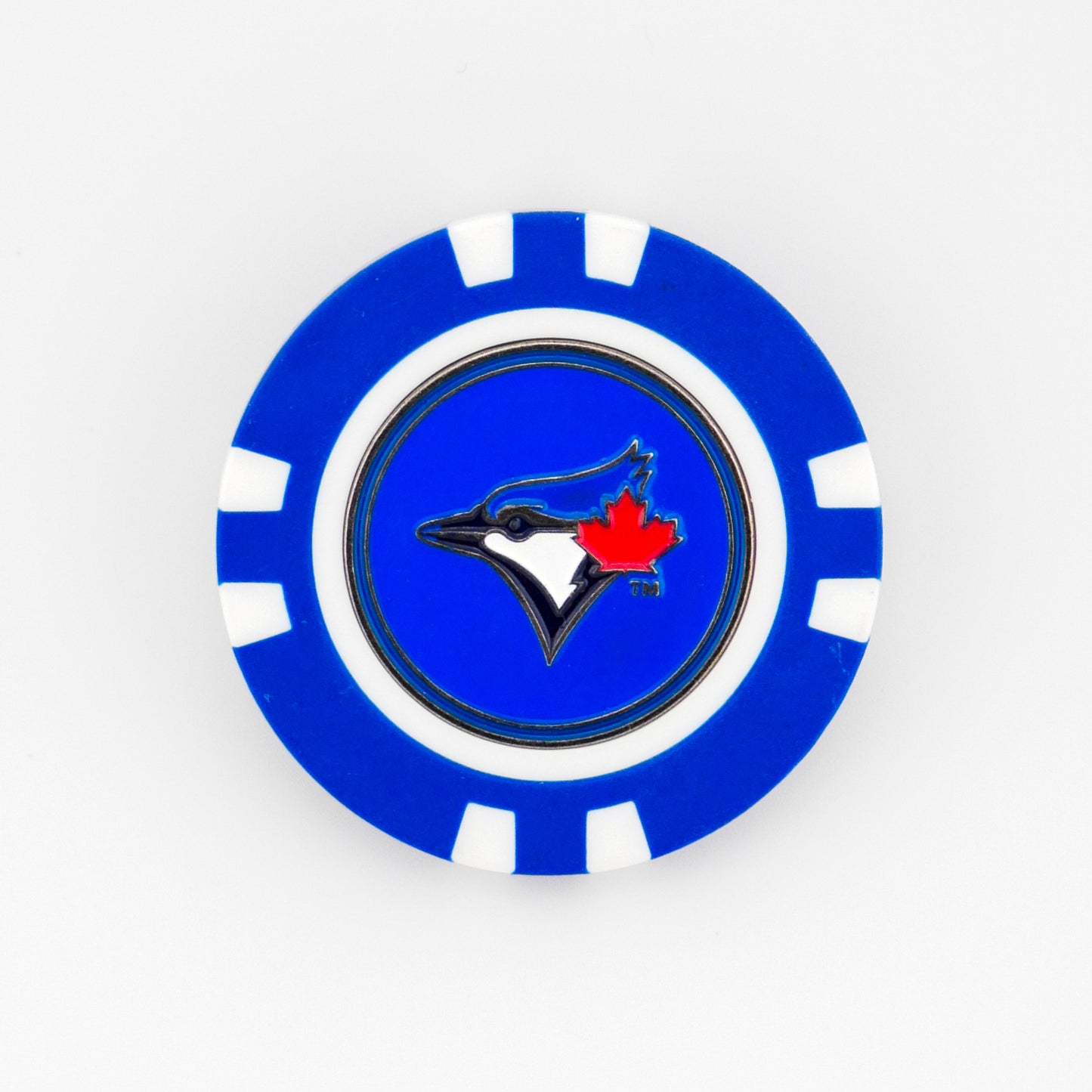 A blue and white ball marker by Ballmarkers from Logie Joes, featuring the Toronto Blue Jays logo—a blue jay head with a red maple leaf—centered on white. Ideal for golf enthusiasts and MLB fans.