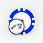 A blue and white Ballmarkers by Logie Joes ball marker features a round pin displaying the Toronto Blue Jays name and logo.