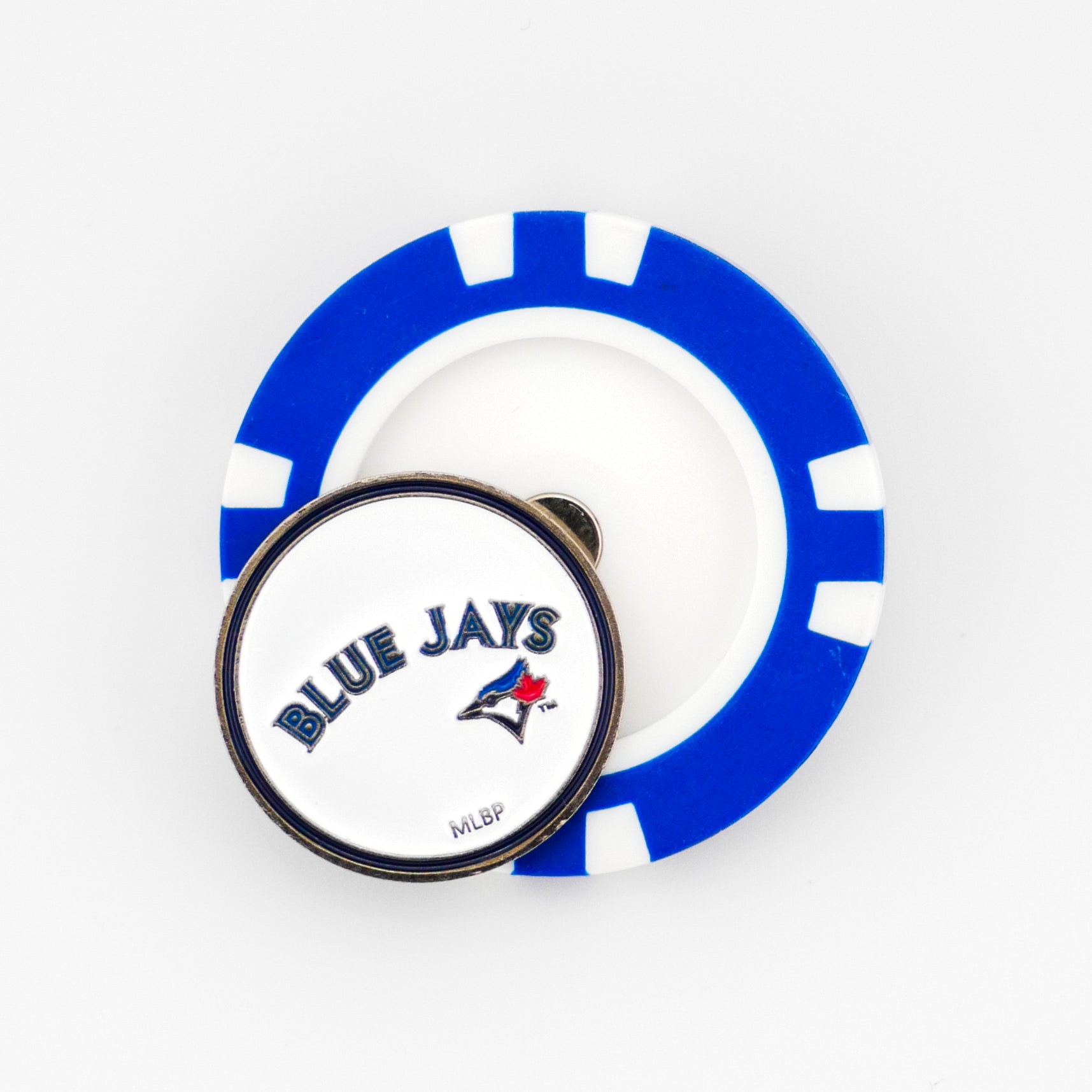 A blue and white Ballmarkers by Logie Joes ball marker features a round pin displaying the Toronto Blue Jays name and logo.