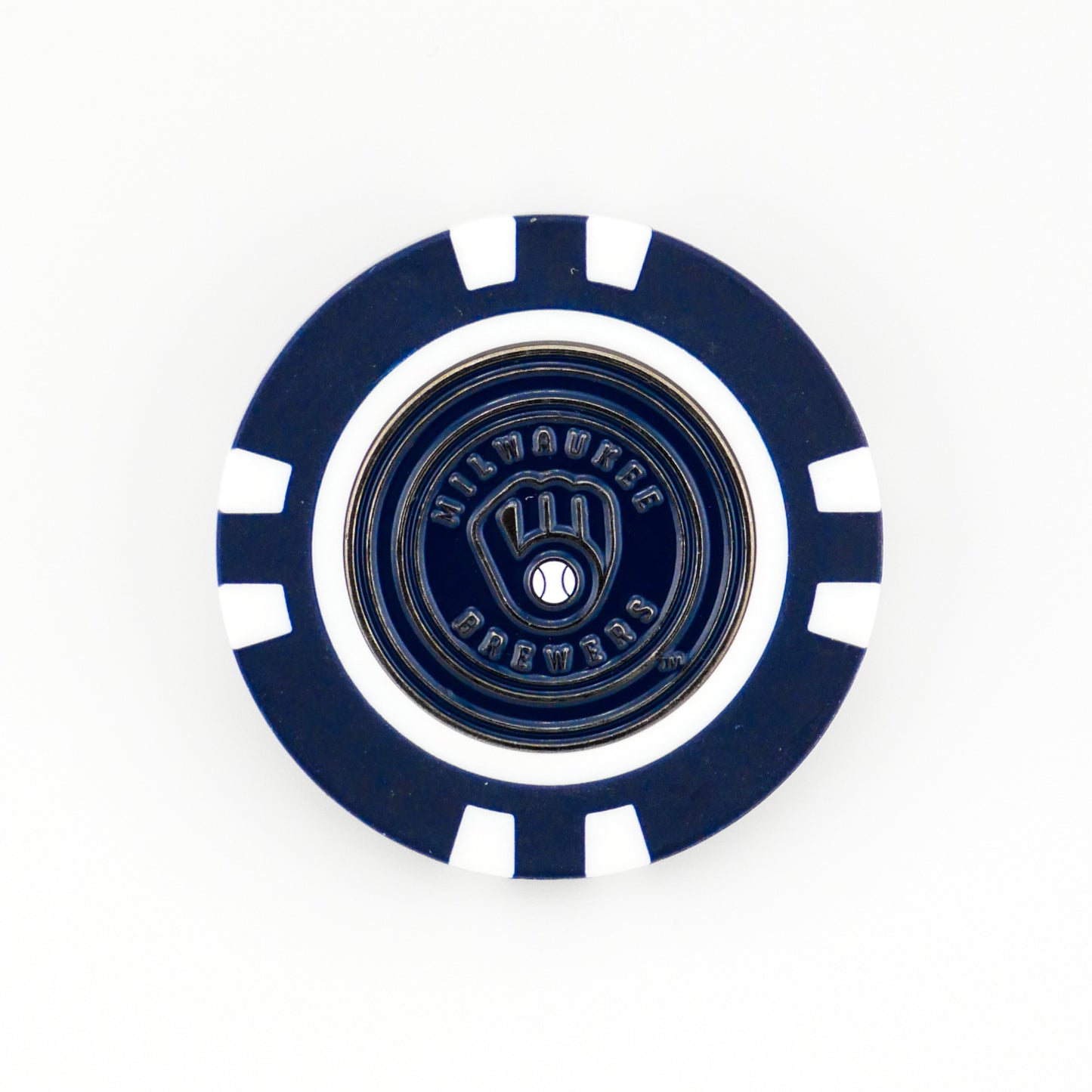 A blue and white poker chip-style Milwaukee Brewers marker by Ballmarkers from Logie Joes, featuring the team logo and name at the center—ideal as an MLB golf ball marker for fans.
