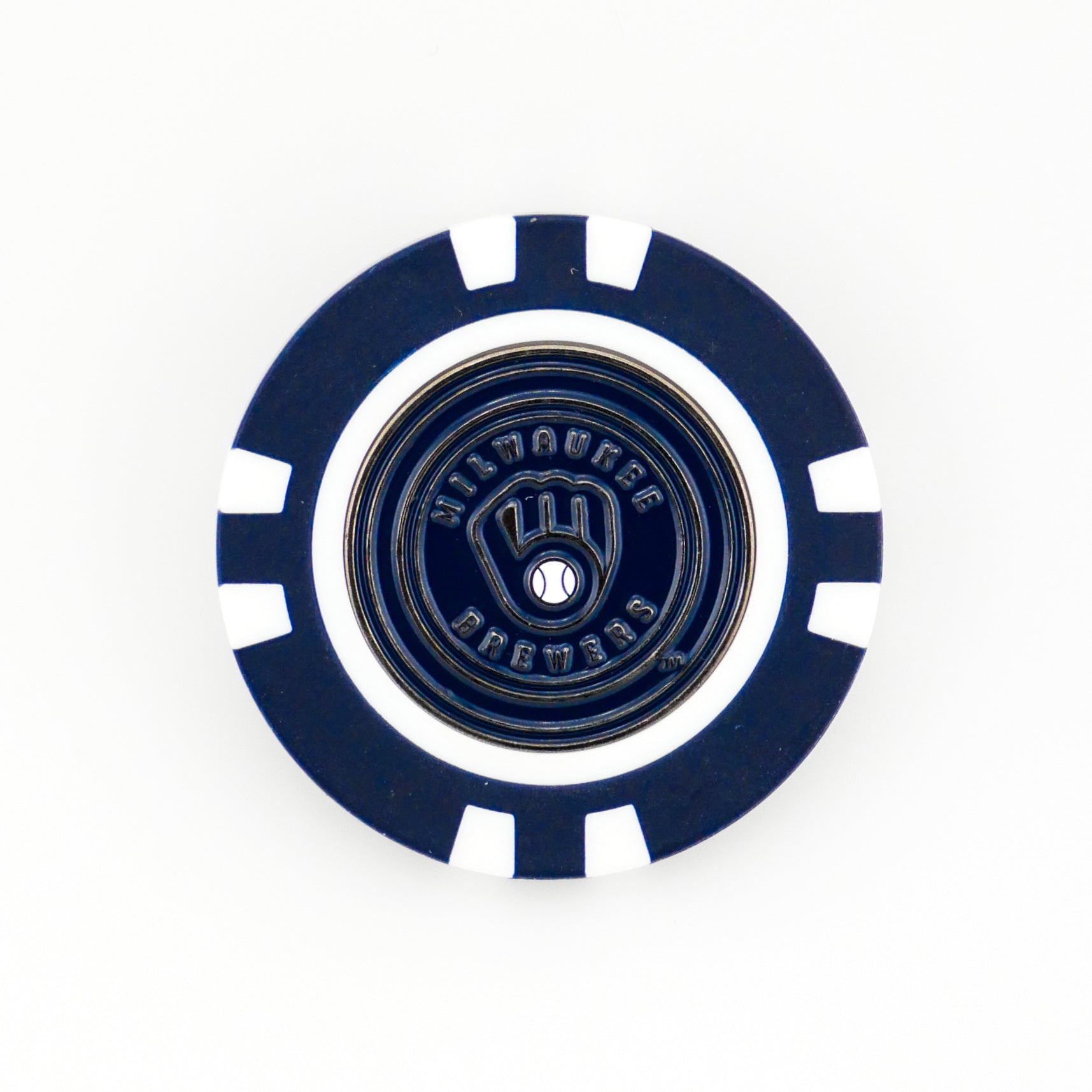 A blue and white poker chip-style Milwaukee Brewers marker by Ballmarkers from Logie Joes, featuring the team logo and name at the center—ideal as an MLB golf ball marker for fans.