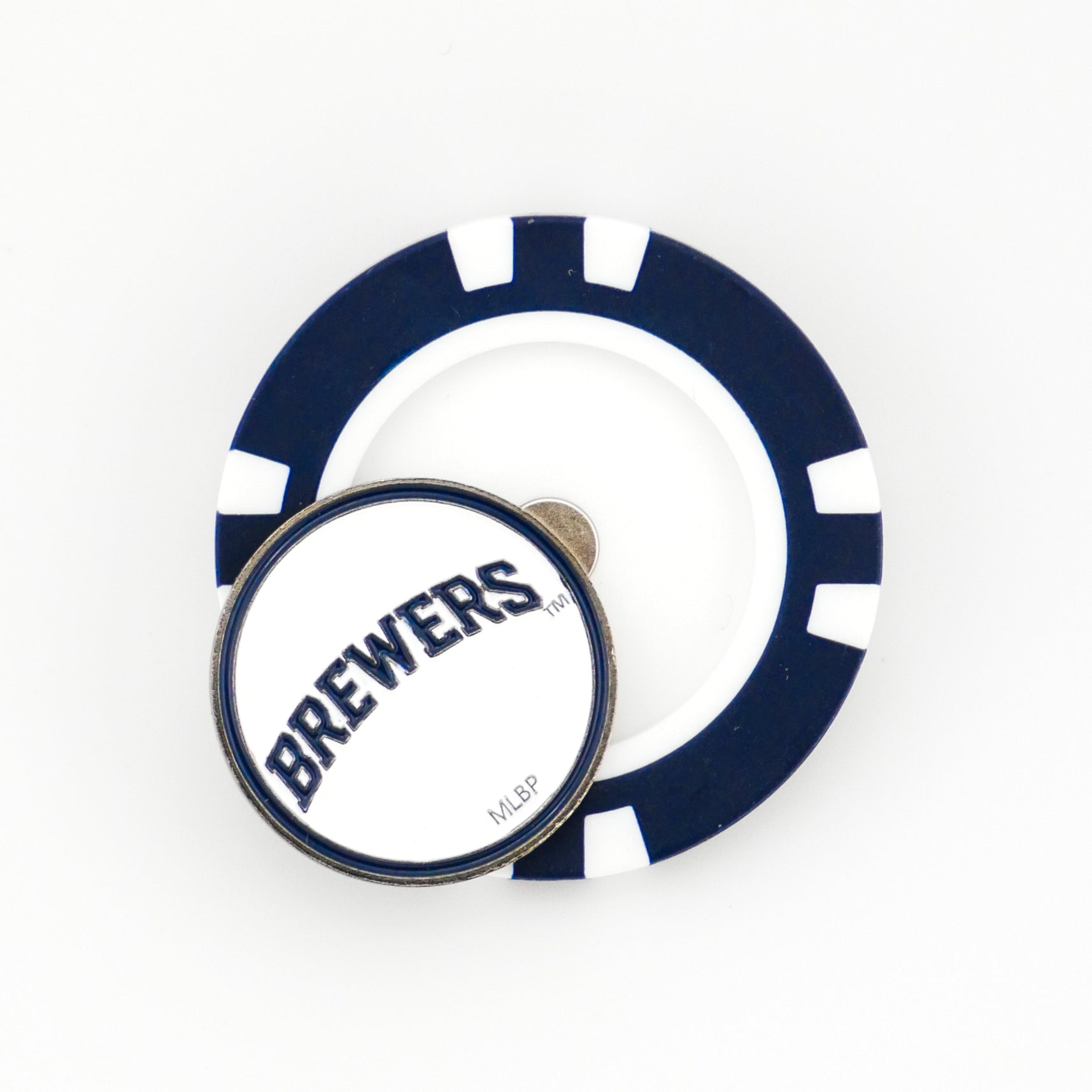 Show your Milwaukee Brewers pride with this blue and white poker chip-style ball marker from Ballmarkers by Logie Joes, featuring a circular token with BREWERS and the MLBP logo—perfect for any MLB fan.