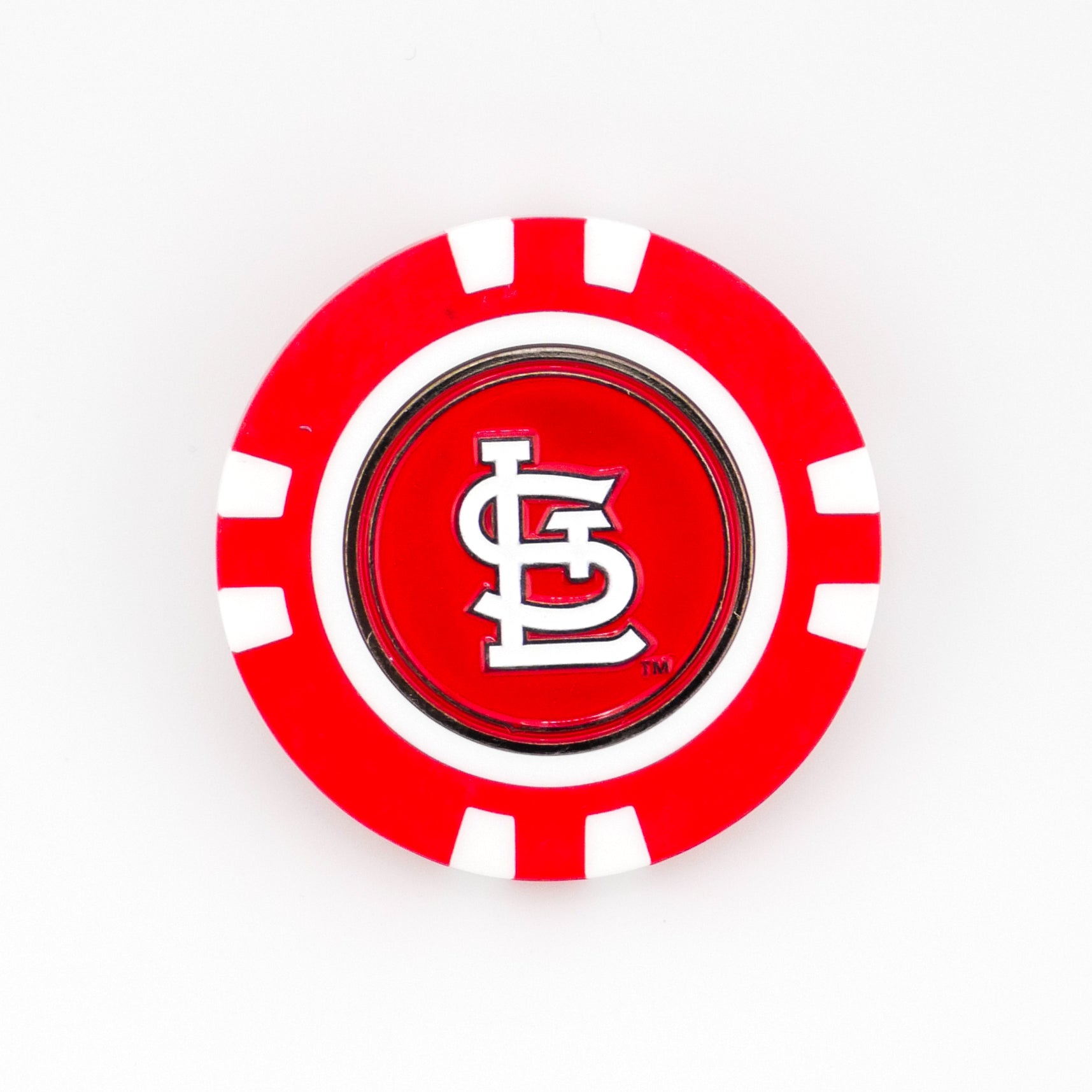 A red and white Ballmarkers by Logie Joes golf ball marker featuring the St. Louis Cardinals interlocking STL logo, displayed on a white background.