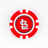 A red and white Ballmarkers by Logie Joes golf ball marker featuring the St. Louis Cardinals interlocking STL logo, displayed on a white background.