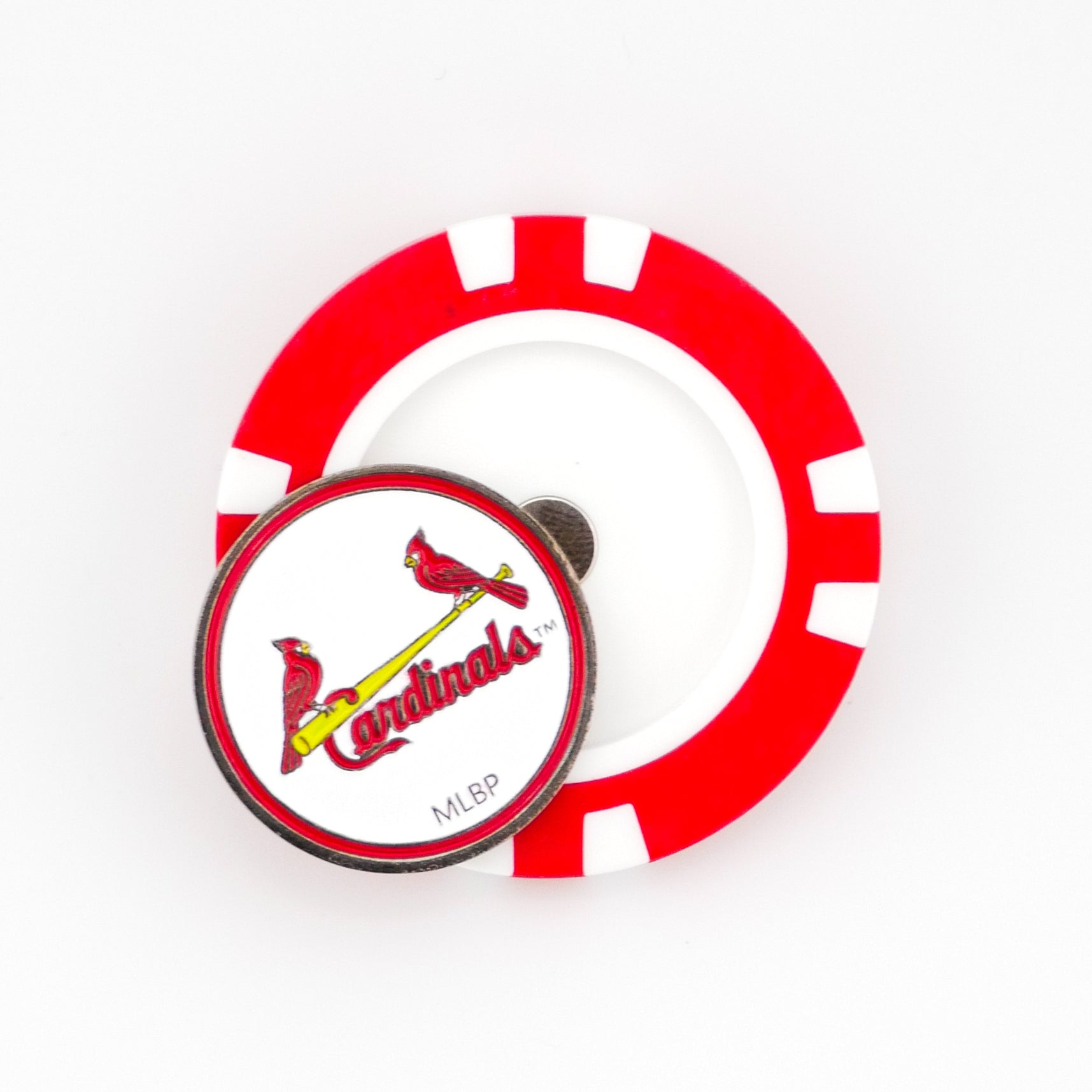A red and white poker chip ball marker from Ballmarkers by Logie Joes features the circular St. Louis Cardinals logo with two cardinals on a bat—an ideal addition to any MLB ball marker collection.